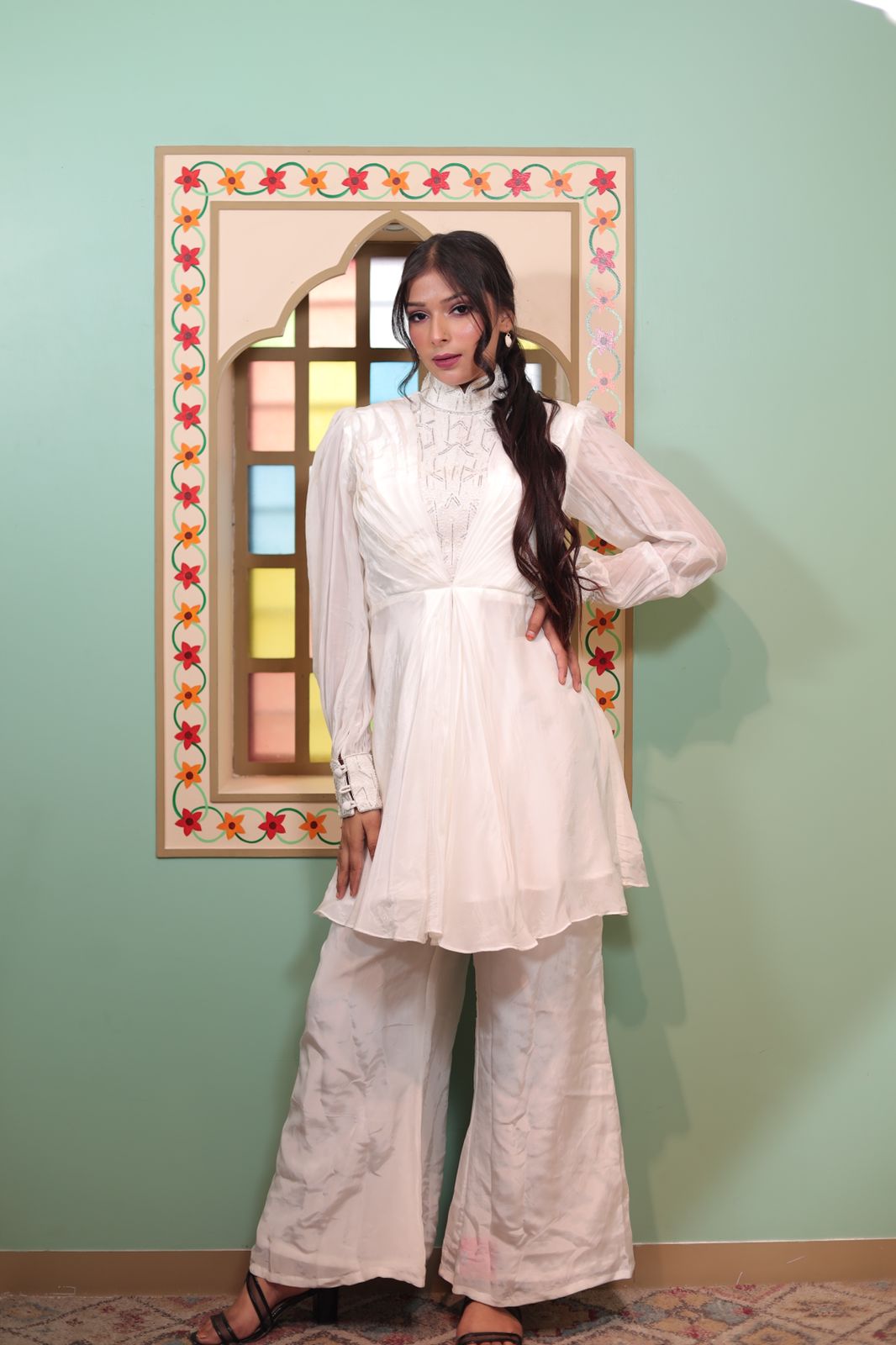 Elegant Floral White Satin Silk Indo Western Dress