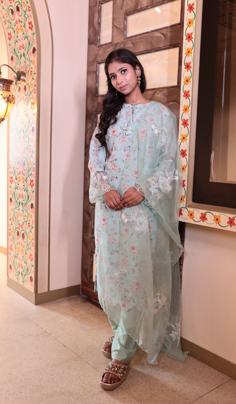 Cotton Kurti with Pant and Dupatta Set - Powder Blue