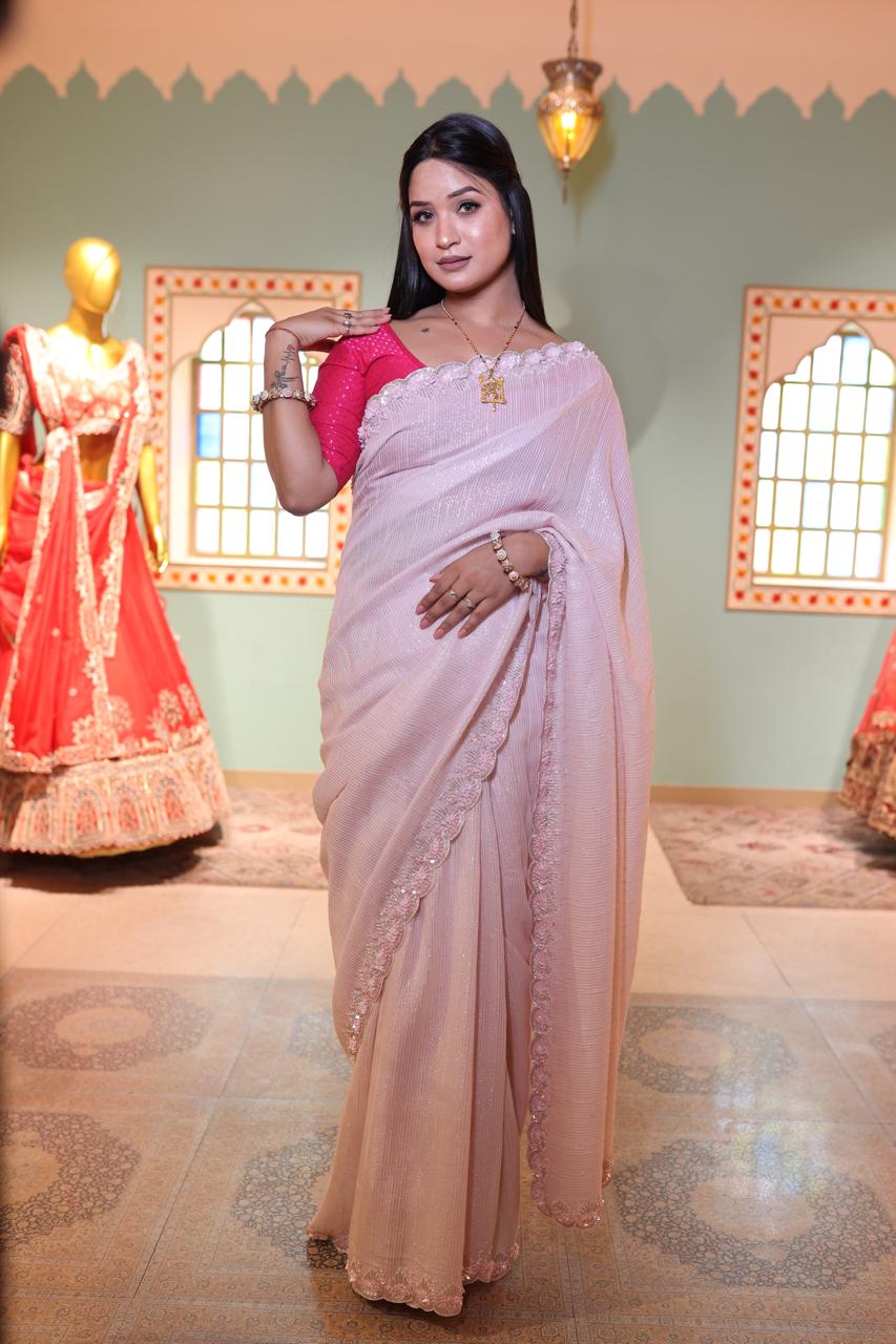 Pink Georgette Saree with Embellished Border and Blouse