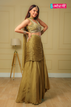 Olive Green Draped Skirt and Embellished Blouse (1086 GS-80)