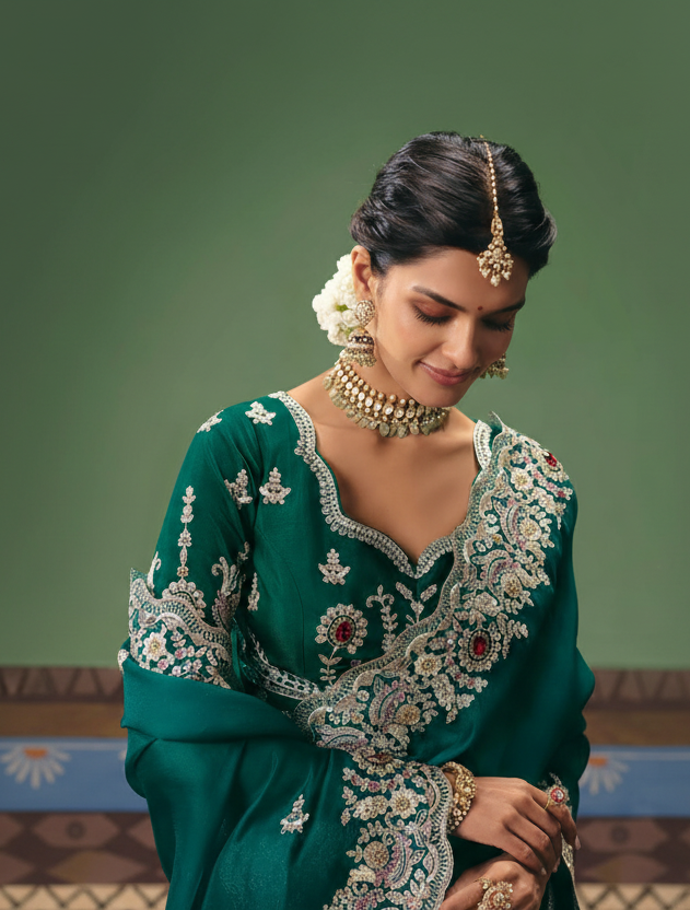 Emerald Green Silk Georgette Saree