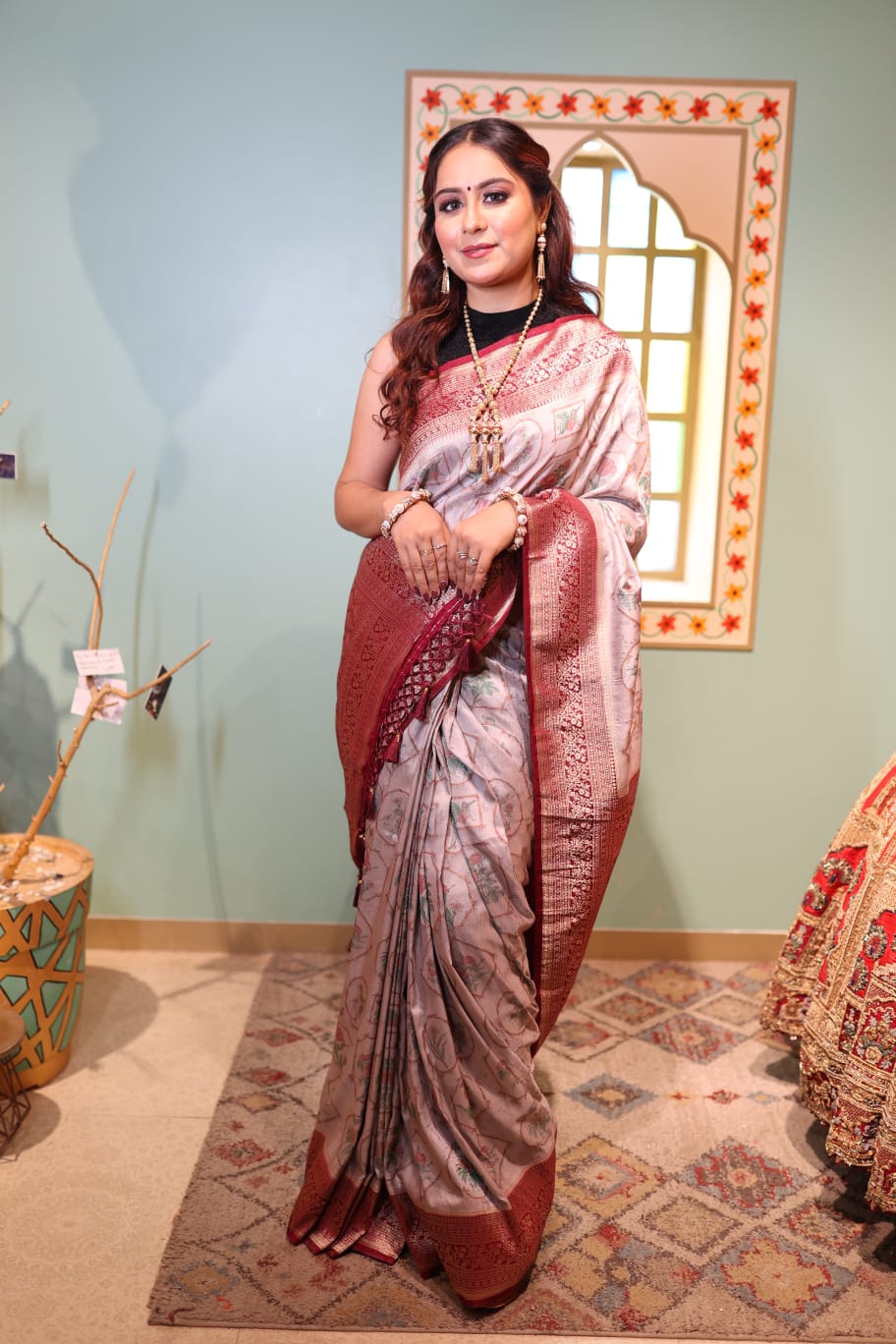 Cream Ombre Kalamkari Silk Saree with Rich Maroon Border