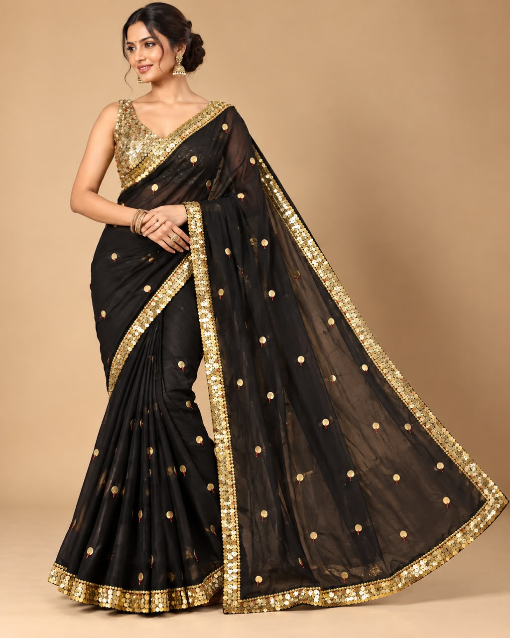 Black Chiffon Saree with Golden Coin Sequin Border & Sequin Blouse