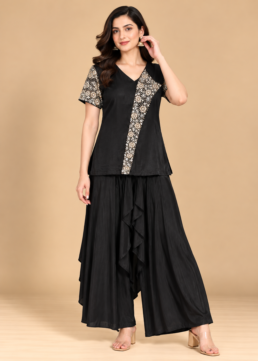 Jet Black Asymmetric Embroidered Draped Palazzo Co-ord Set