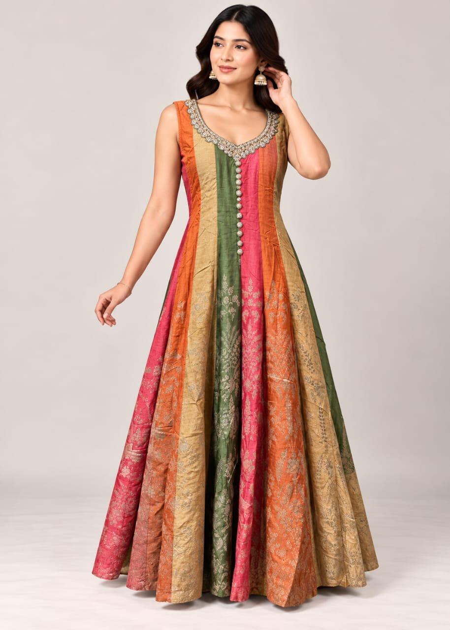 Multi-Coloured Paneled Anarkali Gown