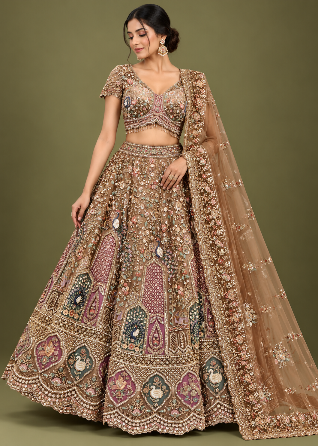 Muted Gold Heritage Embroidered Bridal Lehenga