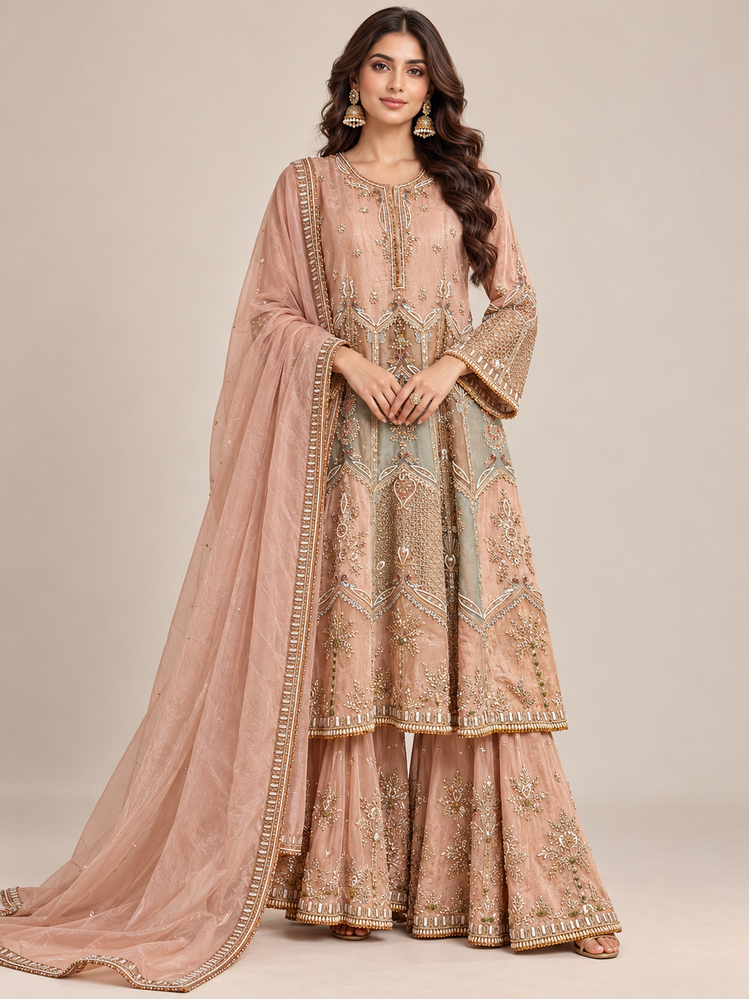 Dusty Peach-Rose Heavily Embellished Kalidar Kurti Sharara Set with Dupatta