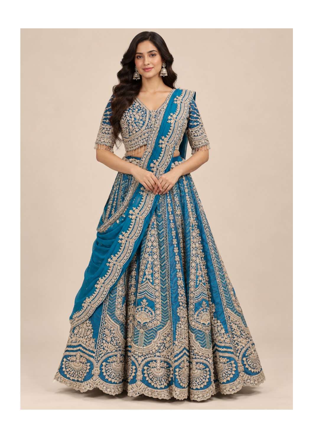 Teal Blue Embroidered Lehenga