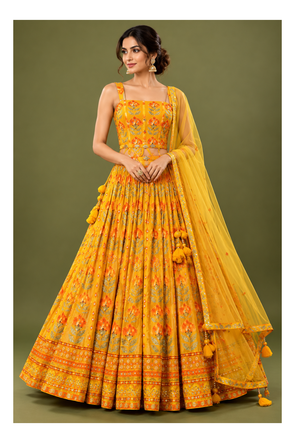 Marigold Yellow Floral Printed Festive Lehenga