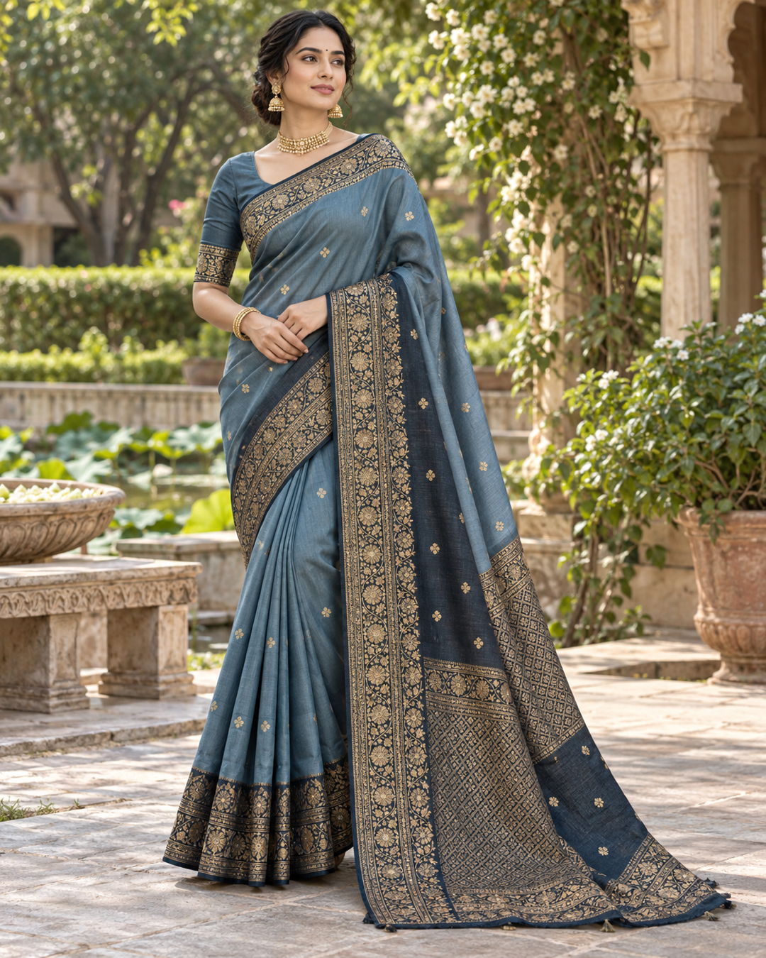 Blue Navy Zari Border Silk Saree Main image
