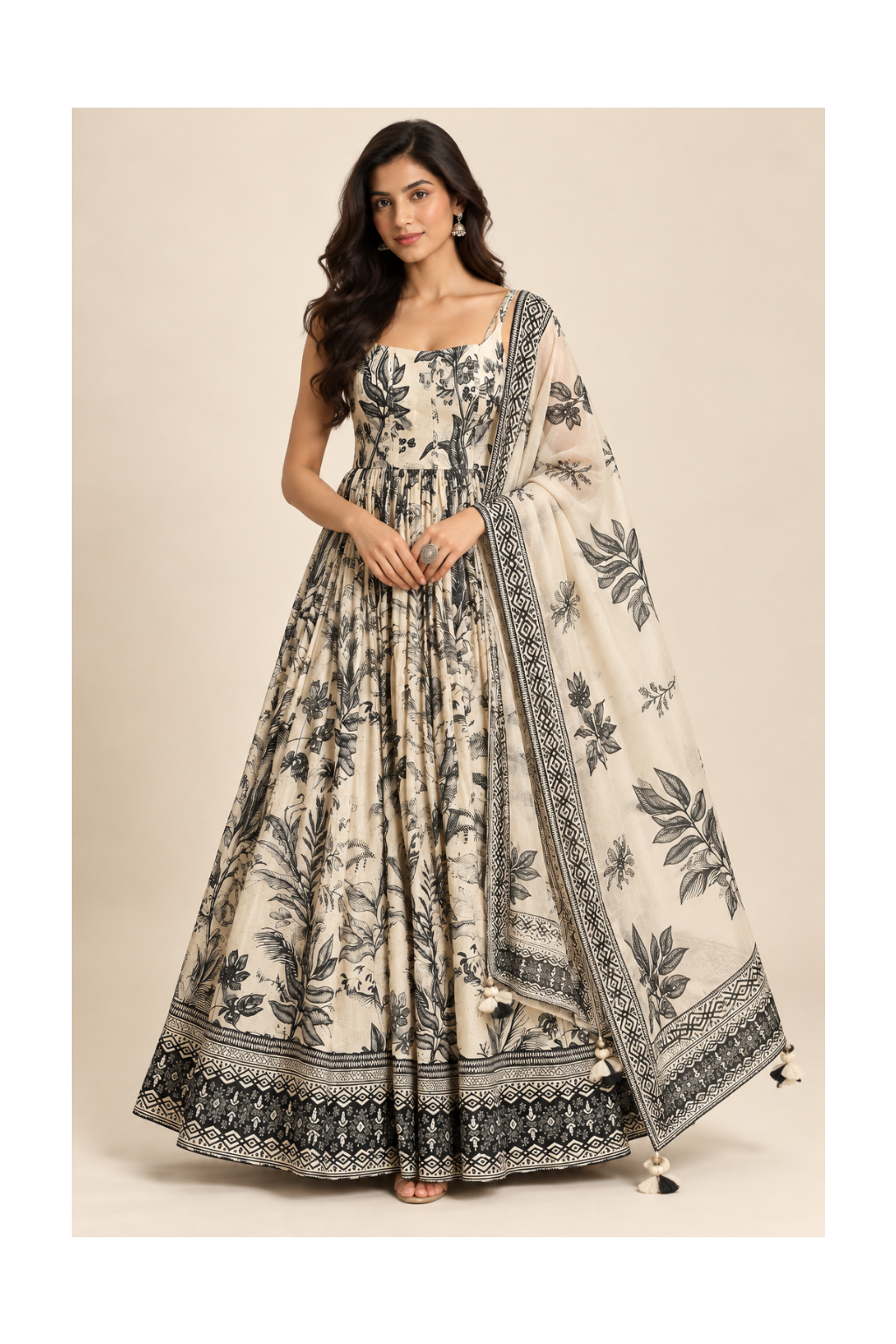 Monochrome Ivory & Charcoal Botanical Print Kalidar Gown