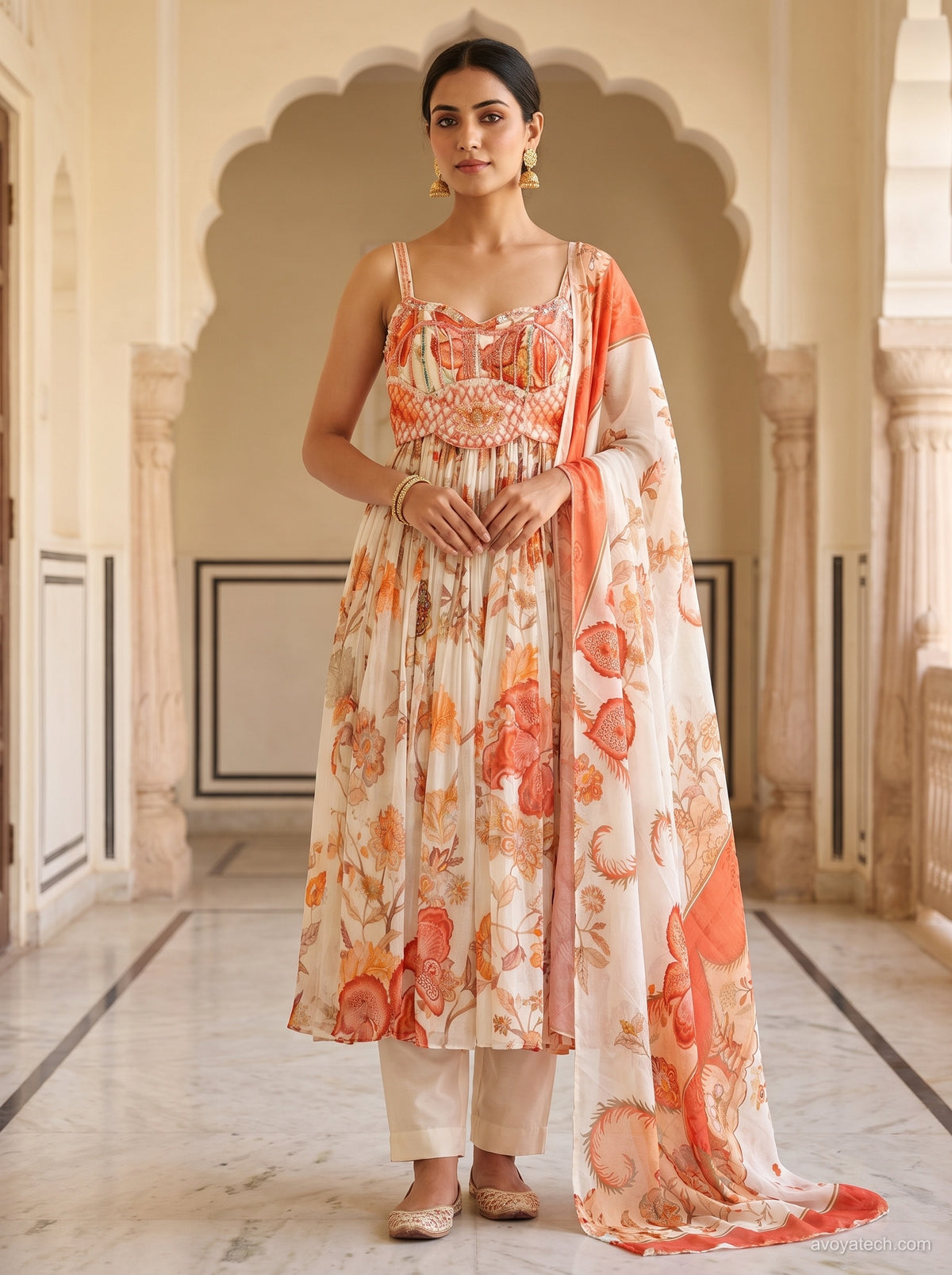 Peach Floral Printed Corset Anarkali Kurta Pant Set