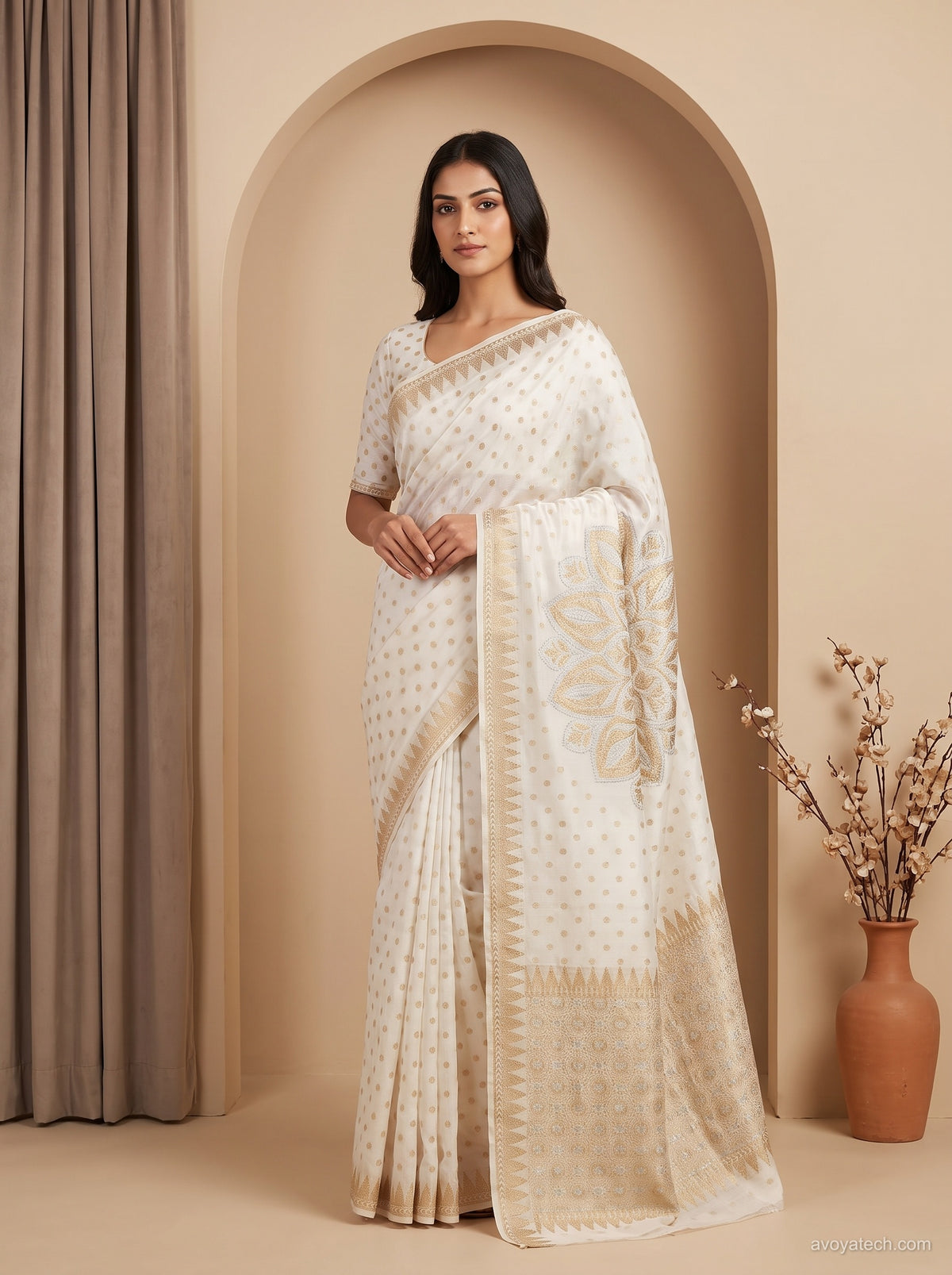 Off-White & Gold Zari Woven Silk Saree with Grand Floral Mandala Pallu