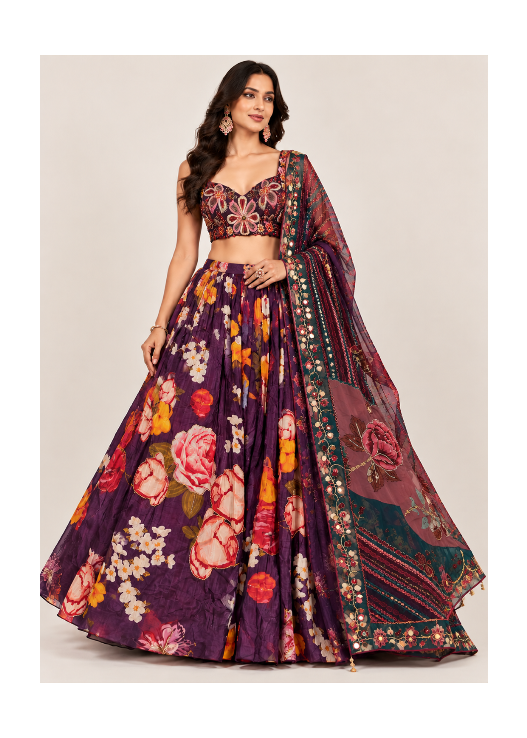 Royal Purple Bold Floral Print Kalidar Lehenga, Bustier Main image