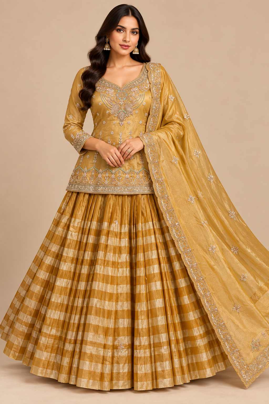 Mustard Gold Embroidered Silk Short Kurti & Striped Flared Skirt Set with Dupatta (Lehenga-Kurti Suit) Main image