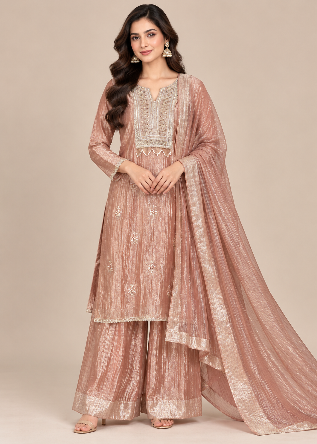 Rose Gold Embroidered Tissue Sharara Set