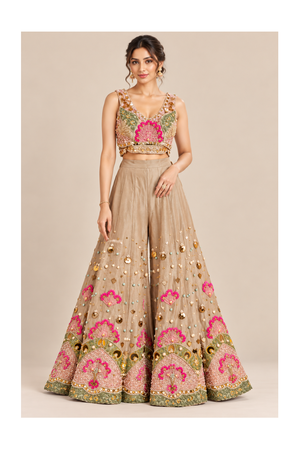 Beige Embroidered Bustier Palazzo Co-ord Set