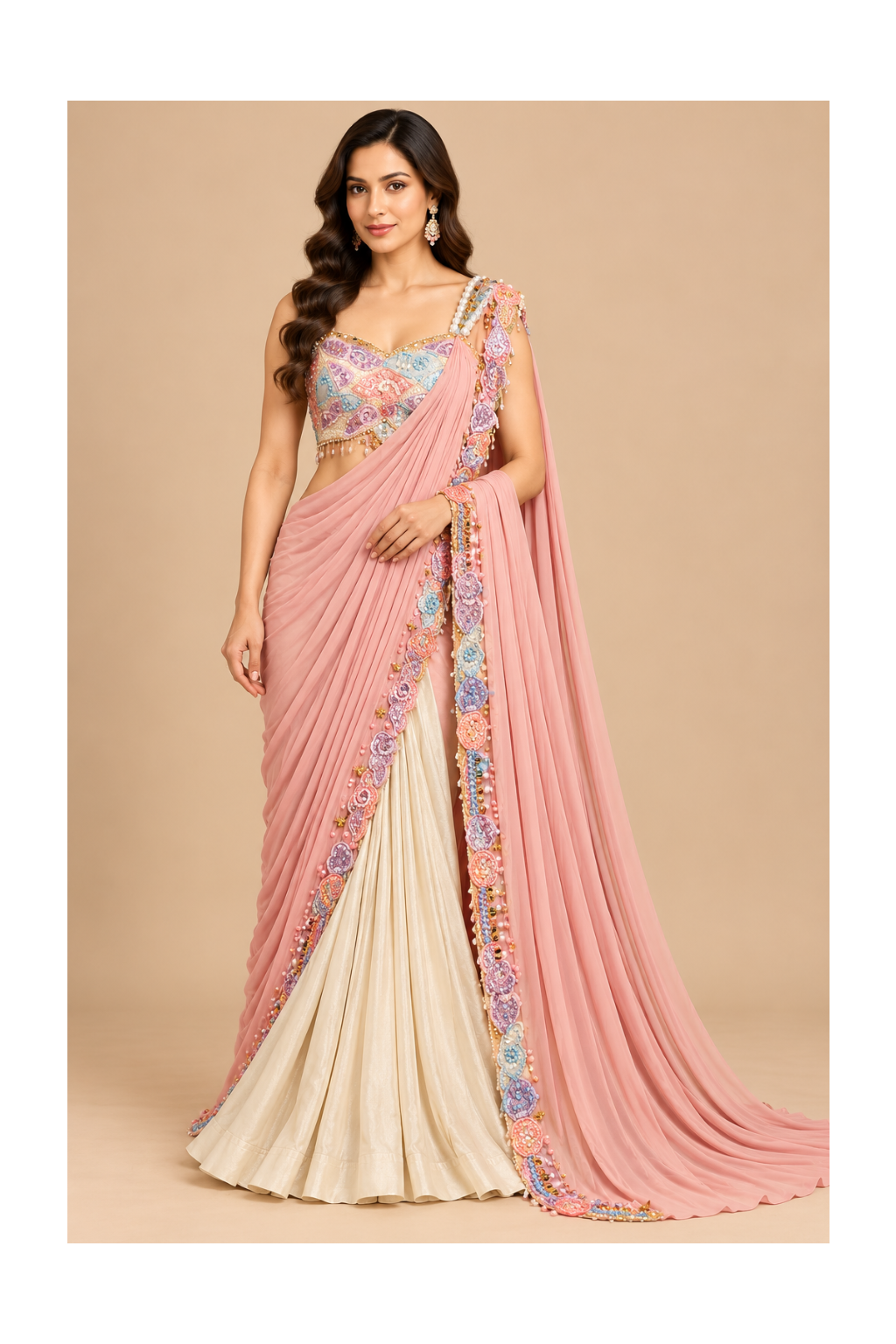 Blush Pink & Ivory Multi-Pastel Embroidered Pre-Draped Saree-Lehenga Set Main image