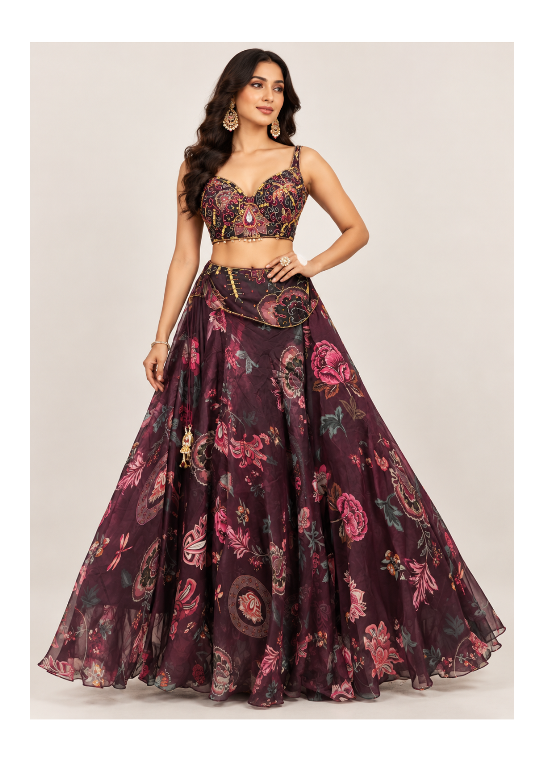 Deep Plum Botanical Organza Lehenga & Embellished Sweetheart Bustier Set