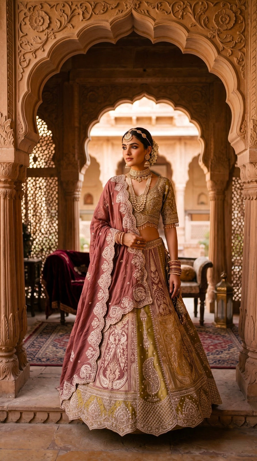 Dual-Tone Sand Chiku & Mehendi Lehenga Set