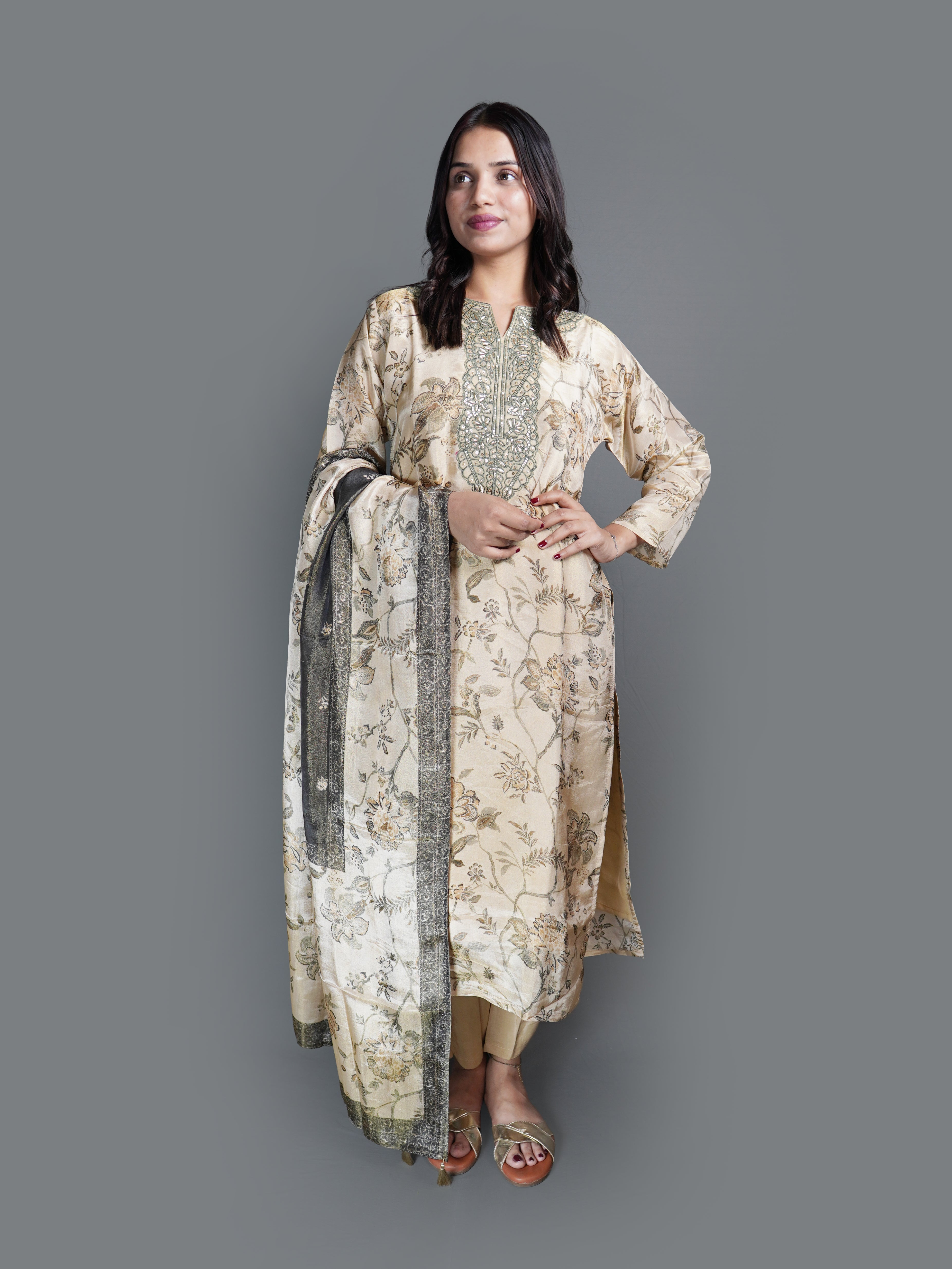 Neutral Sepia Print Kurta Set (GB-5527 R-30) Main image
