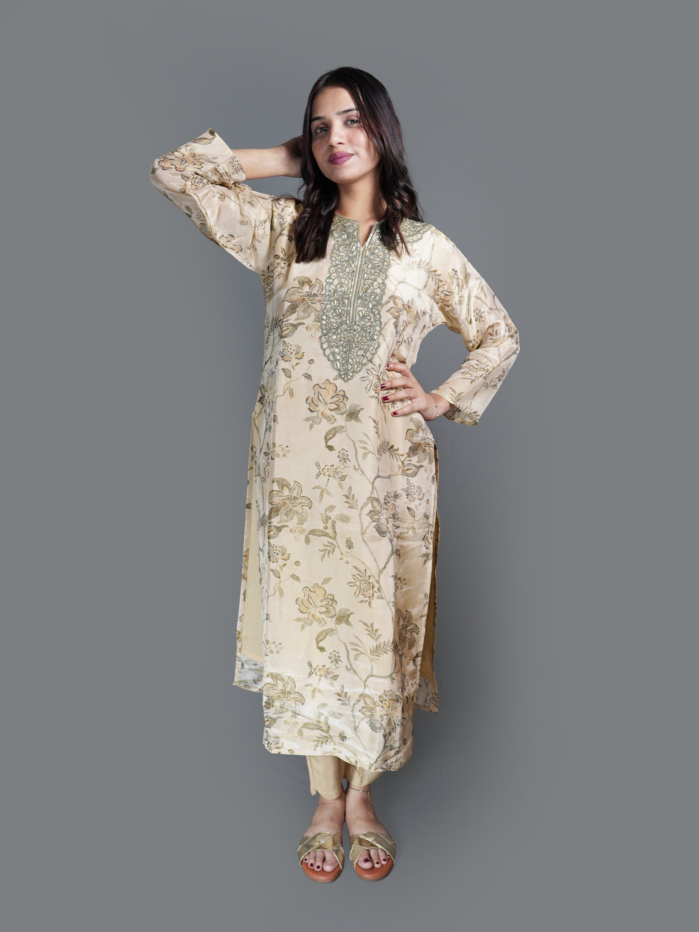 Neutral Sepia Print Kurta Set (GB-5527 R-30)