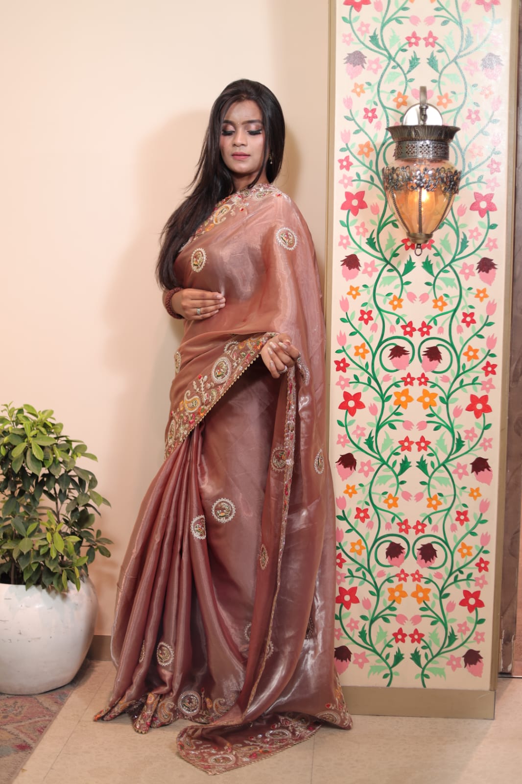 Elegant Rosewood Tissue Saree