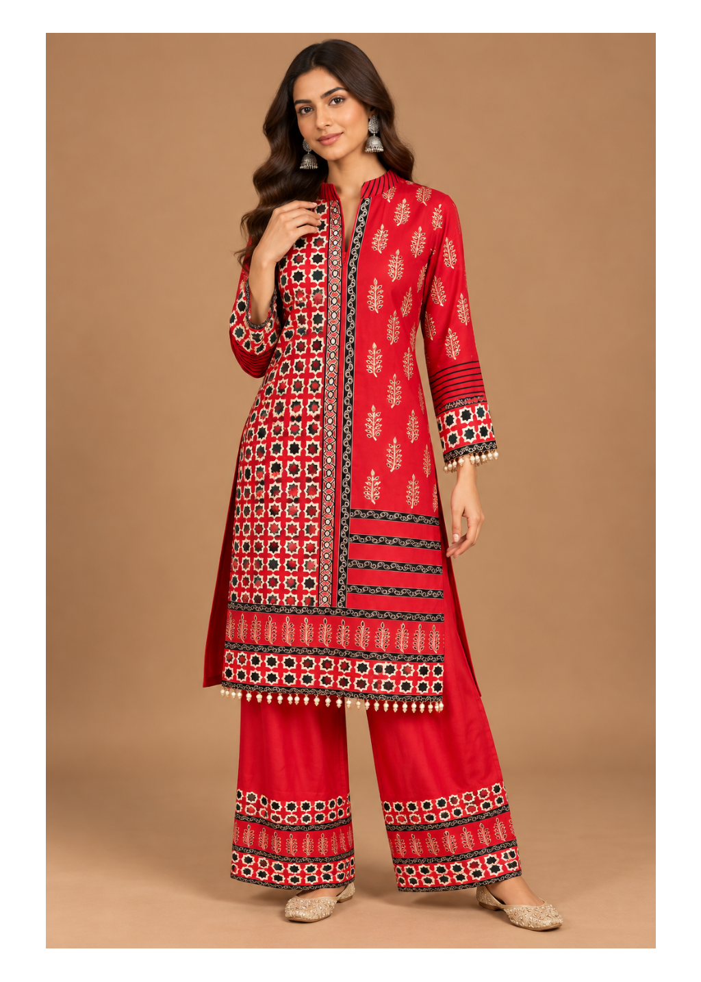 Red Printed Geometric Silk Kurta Set
