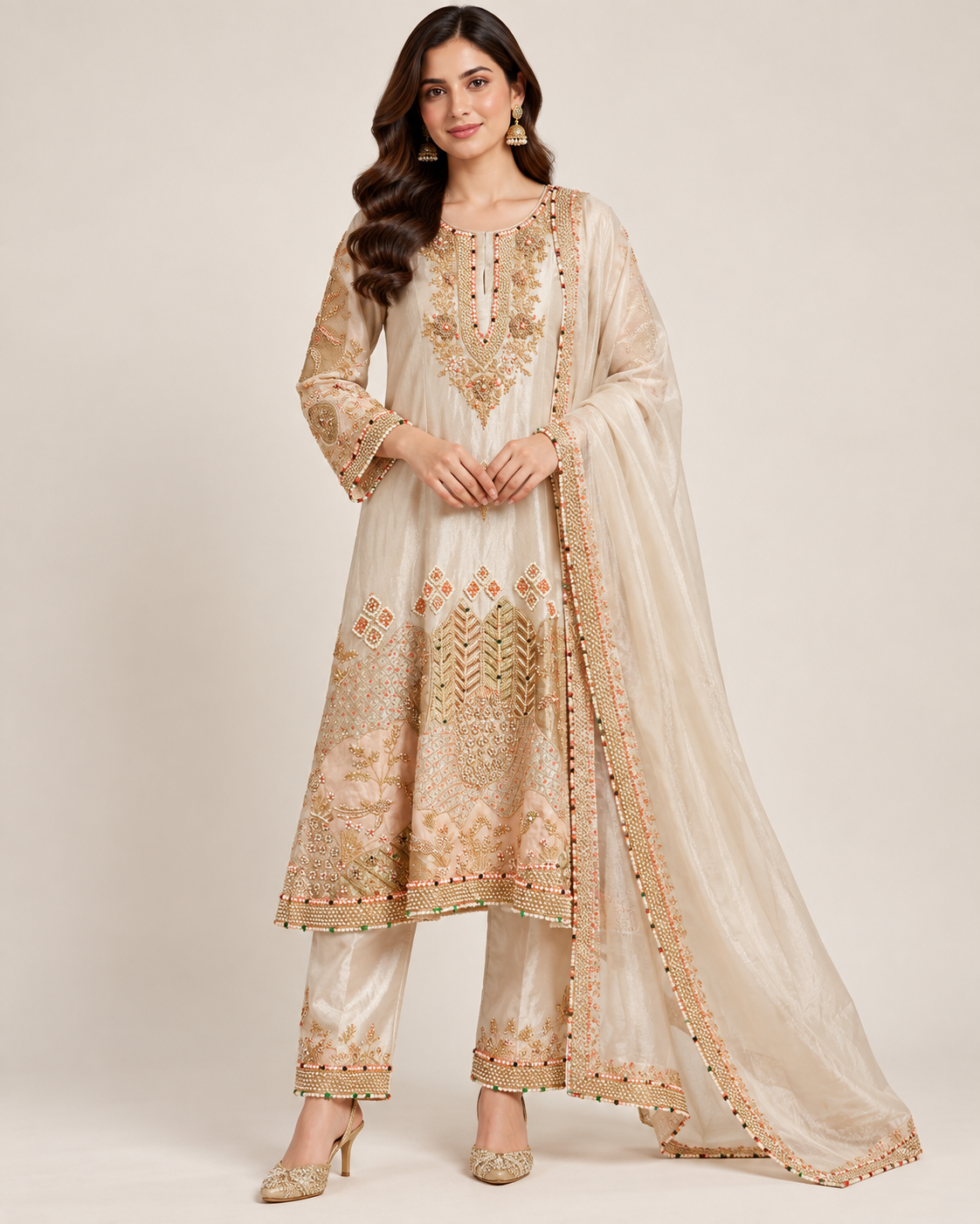 Champagne Ivory Heavily Embellished A-Line Kurti Pant Set with Organza Dupatta