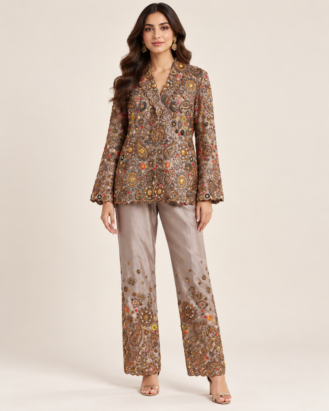Taupe Mocha Intricately Embellished Blazer Jacket Pant Set Main image