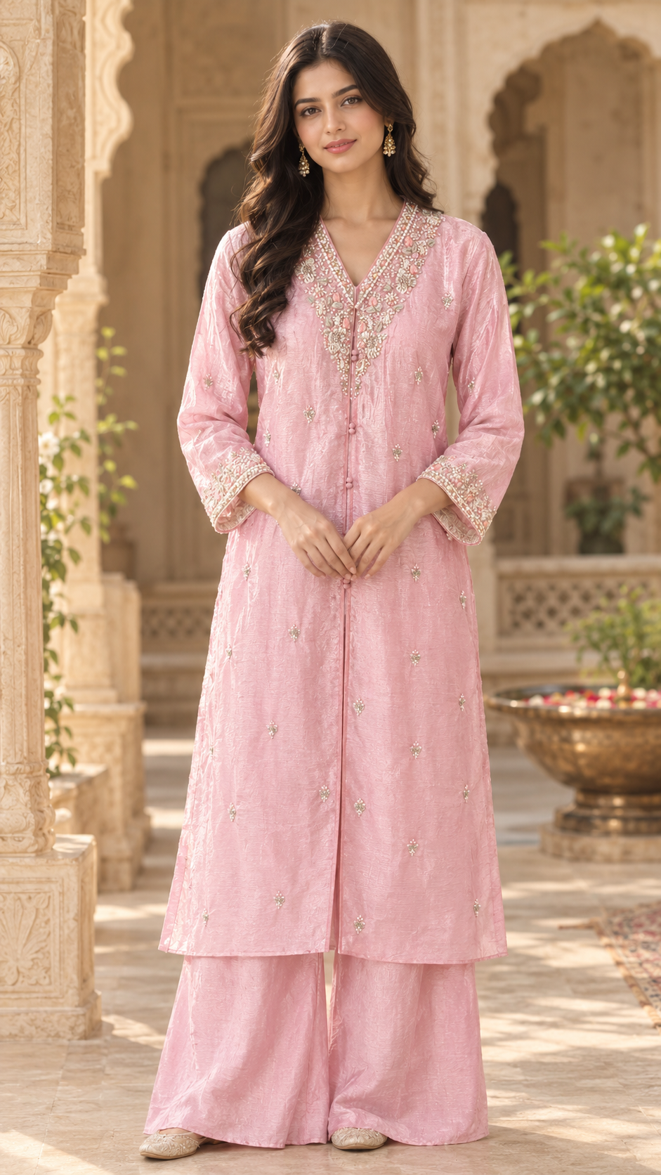 Soft Pink Embellished Chanderi Kurta & Wide-Leg Palazzo Set