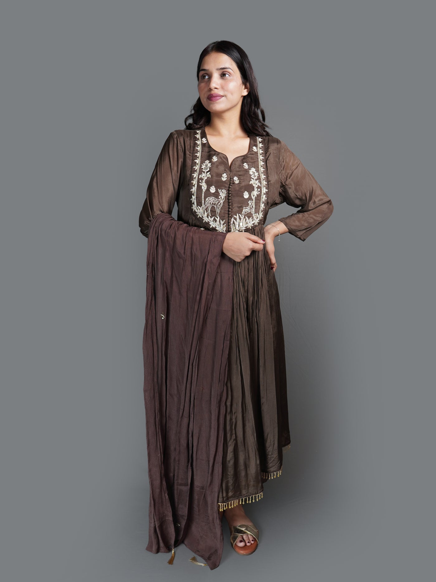 Mocha Brown Forest Silk Kurta Set (25-1973 R-7)