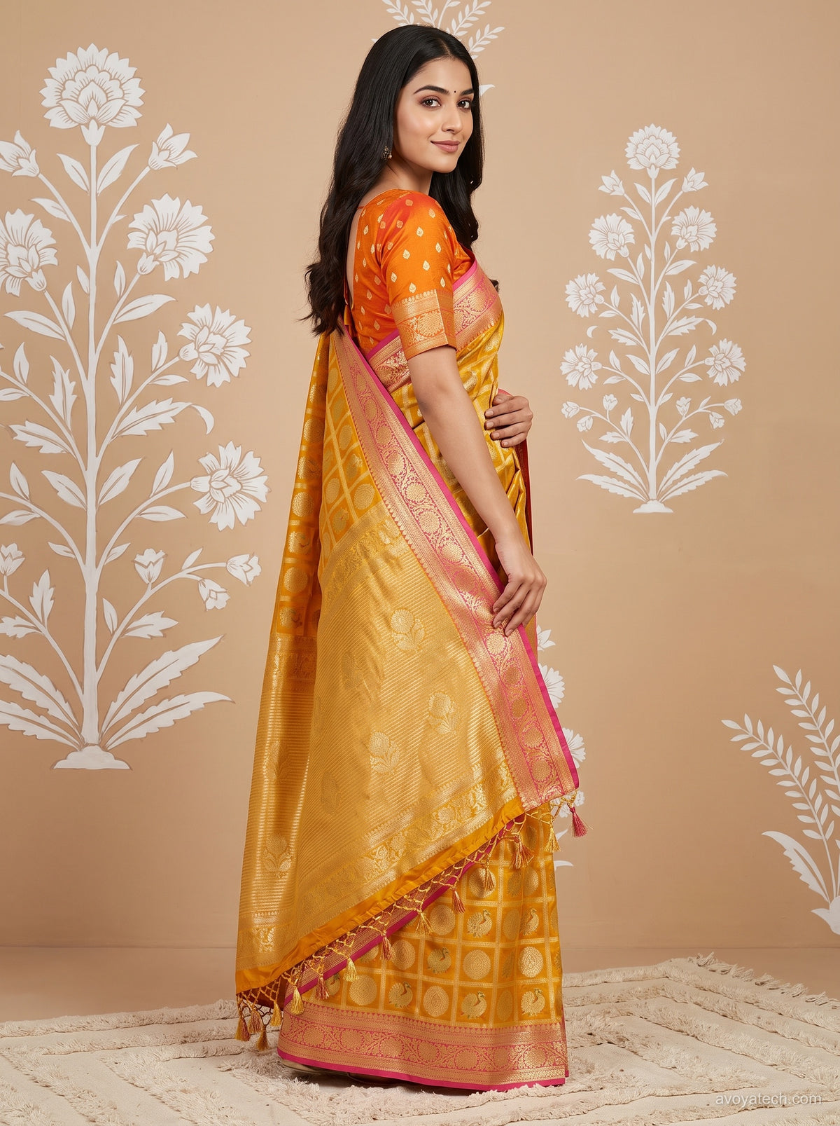 Mustard Yellow & Rani Pink Silk Saree with Zari Peacock Grid