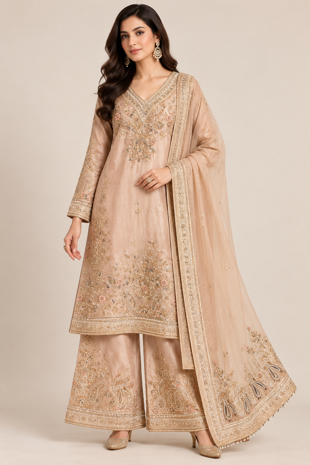 Champagne Gold Embroidered Kurti Palazzo Set