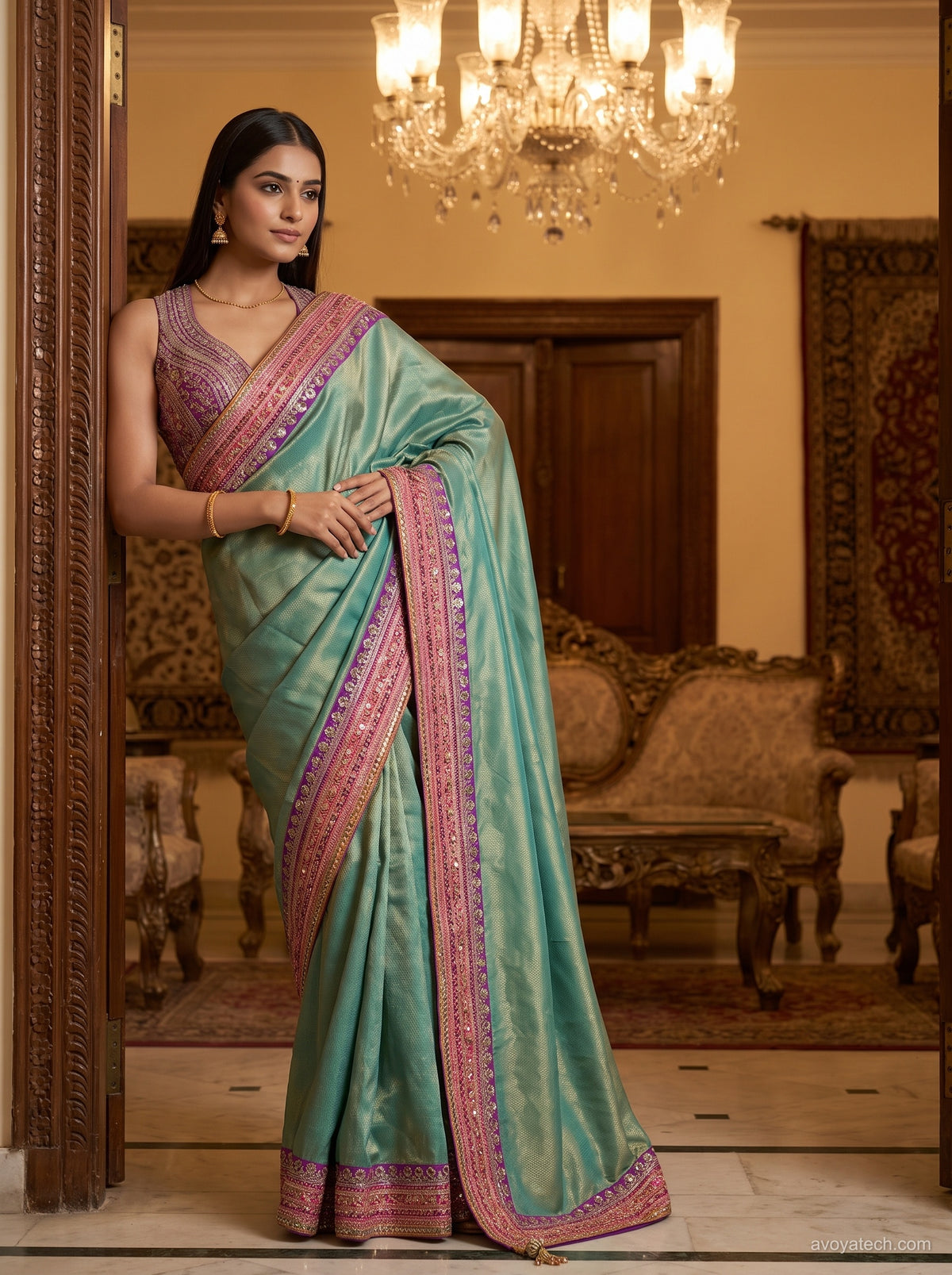 Sky Blue Silk Saree with Pink & Purple Designer Embroidered Border Main image