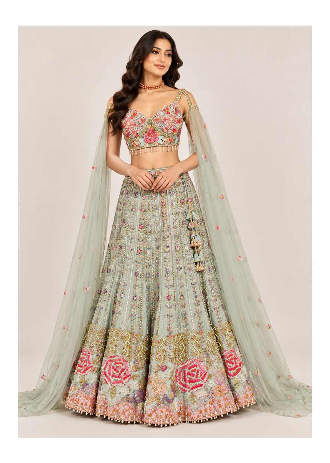Mint-Green Pastel Floral Embroidered Kalidar Lehenga, Bustier & Cape Set Main image