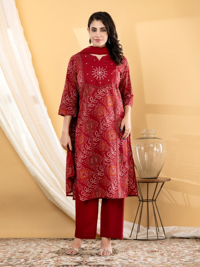 Maroon Bandhani Mirror Work Kurti Set
