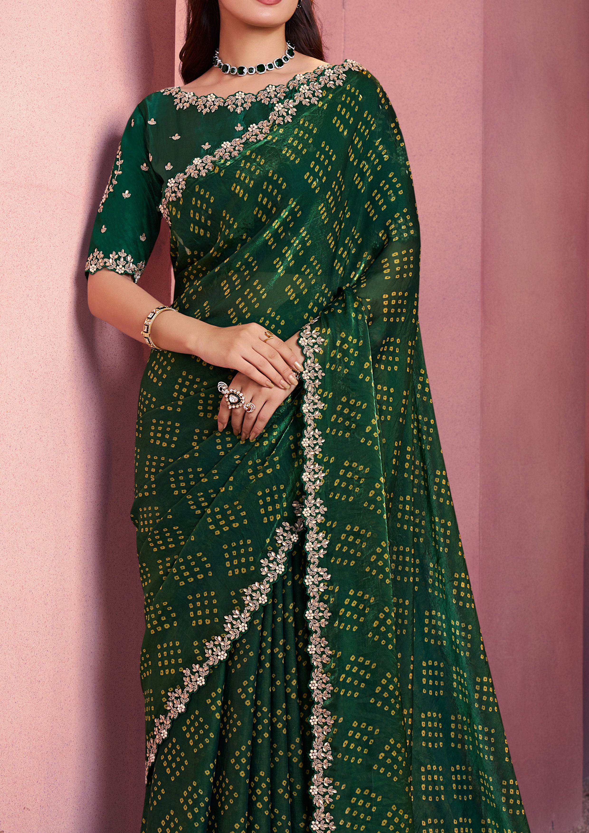 Green Satin Silk Saree