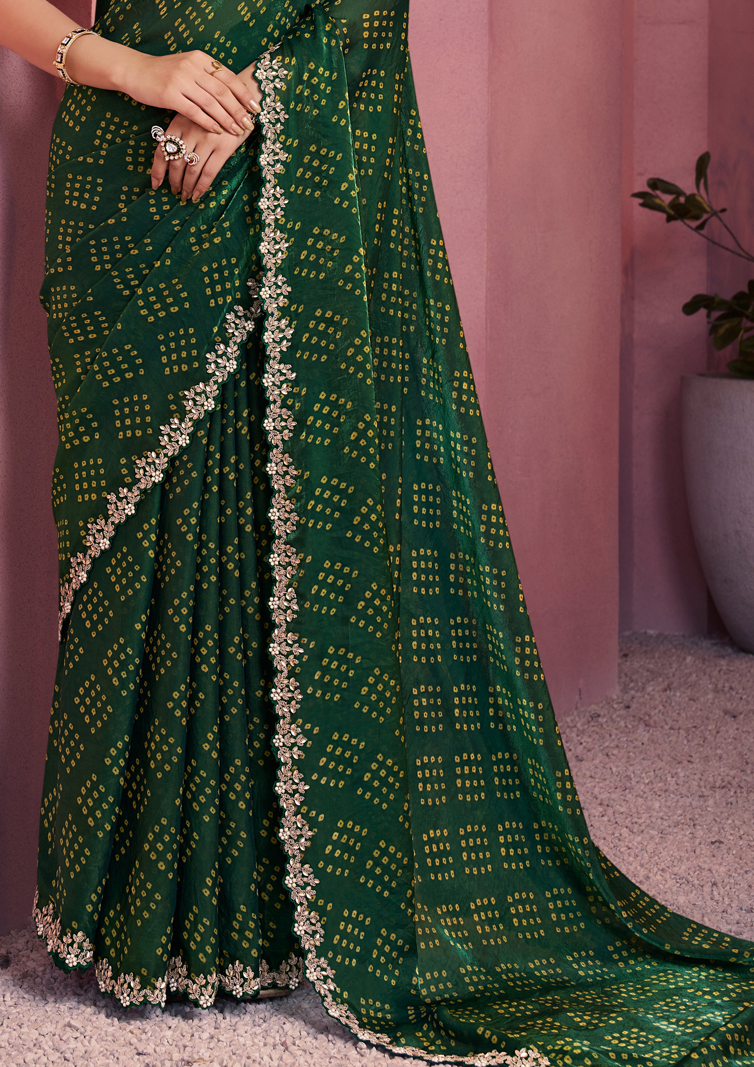 Green Satin Silk Saree Secondary image