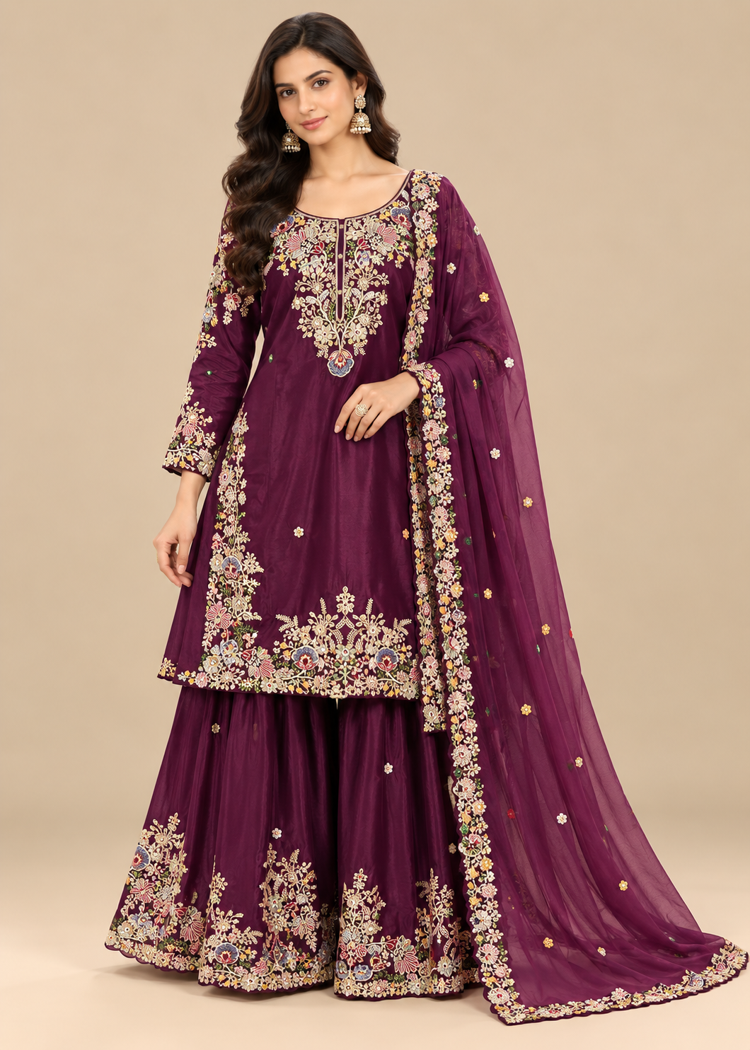 Wine Floral Embroidered Palazzo Suit with Dupatta Main image
