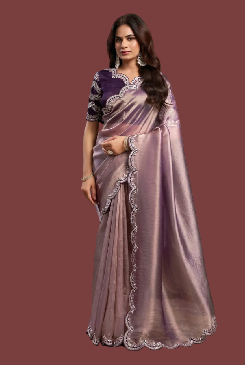 Lilac Zari Organza Saree With Pearl Border