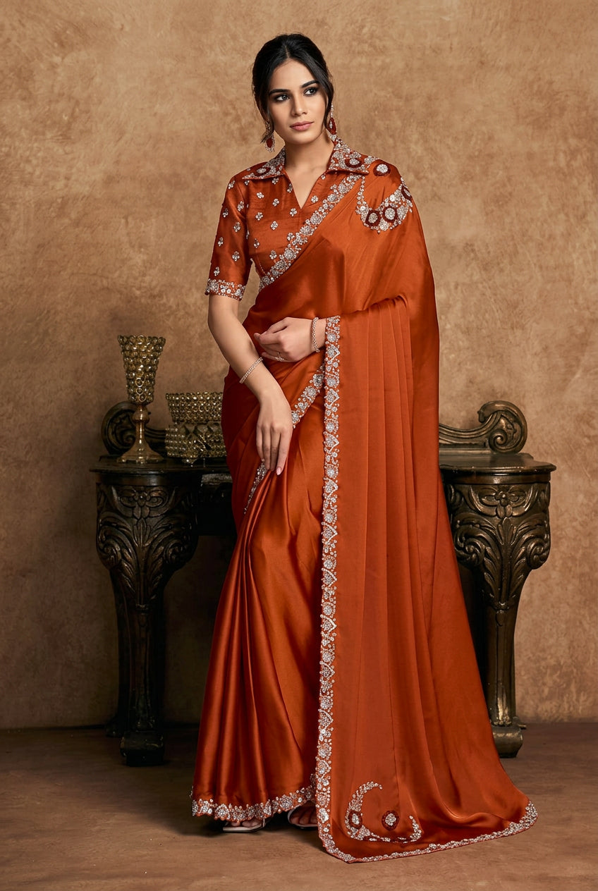 Rust Satin Saree With Pearl Border