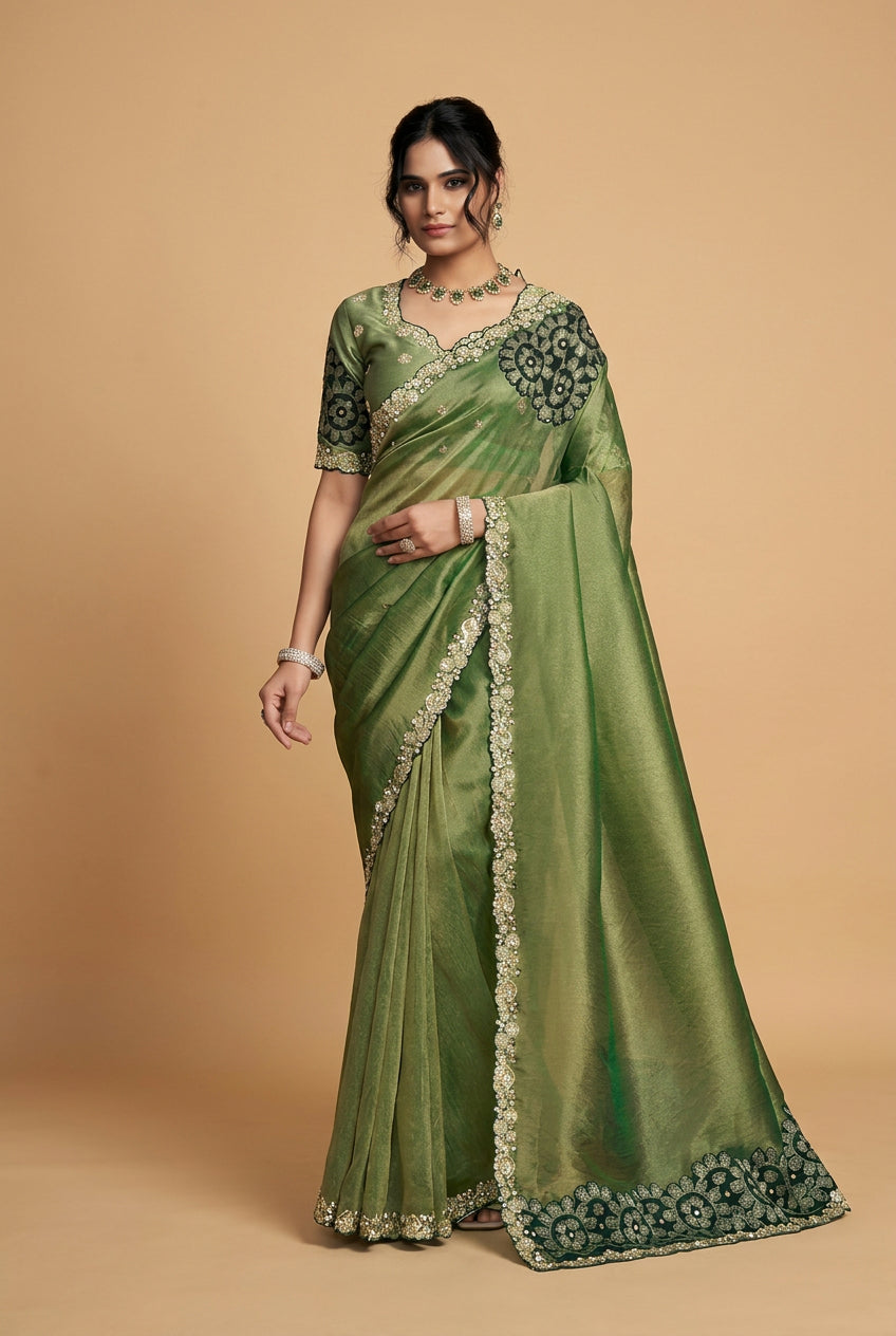Pistachio Green Zari Organza Satin Saree