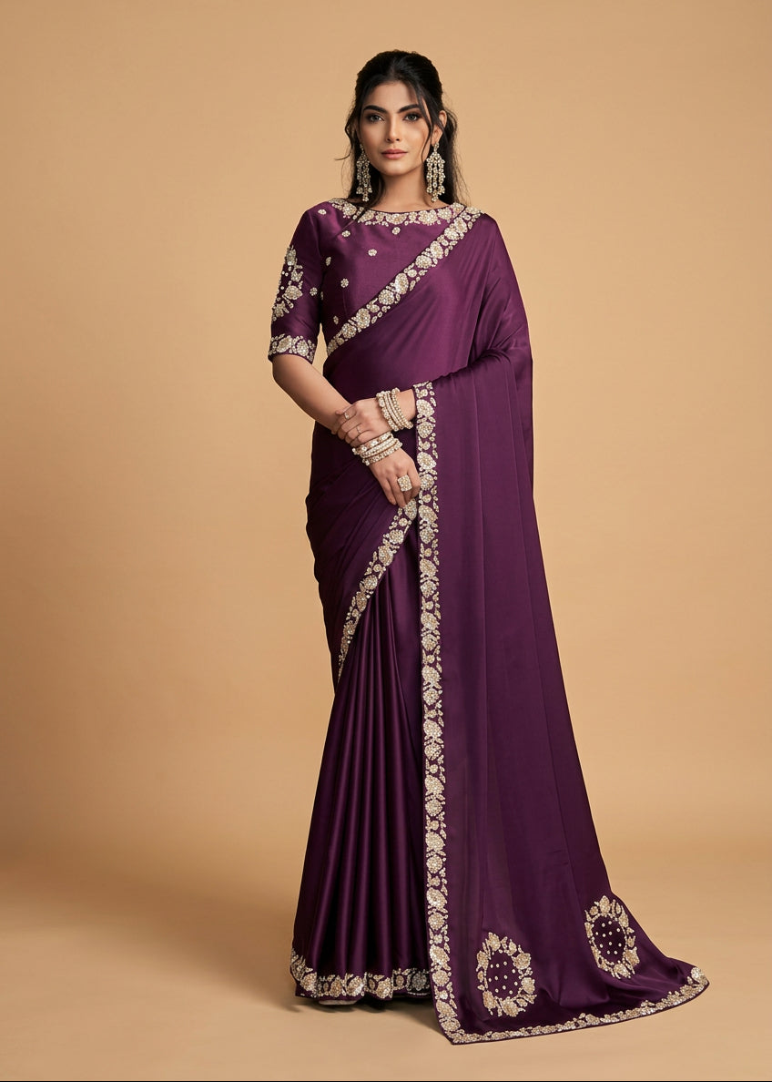 Deep Purple Satin Silk Designer Saree Main image