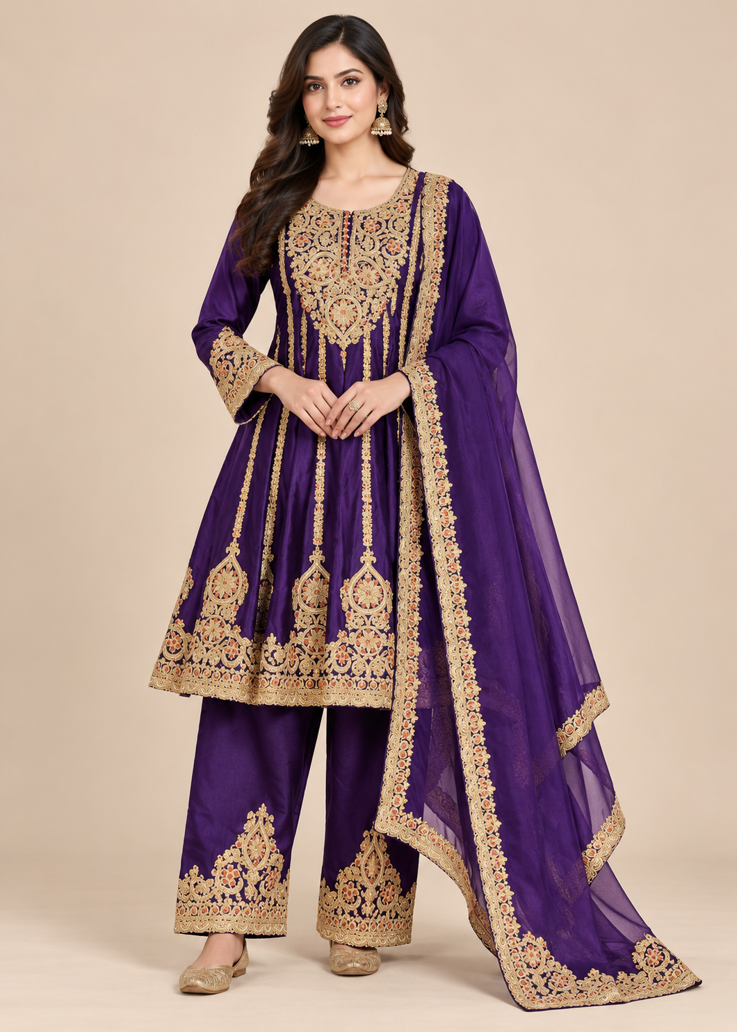Royal Purple Embroidered Flared Kurti Palazzo Set Main image