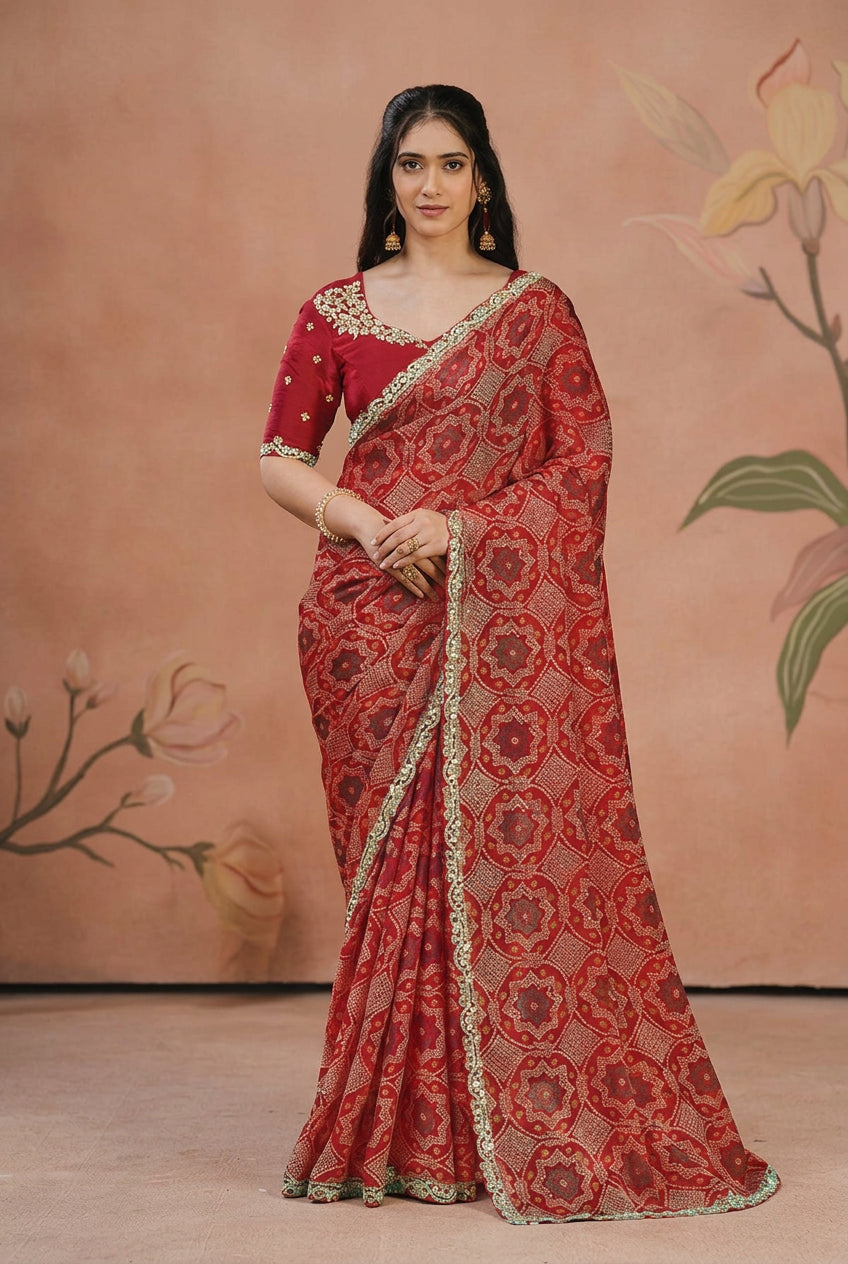 Maroon Bandhej Satin Saree With Mirror Work