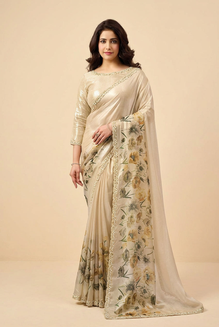Beige Satin Silk Floral Digital Print Saree