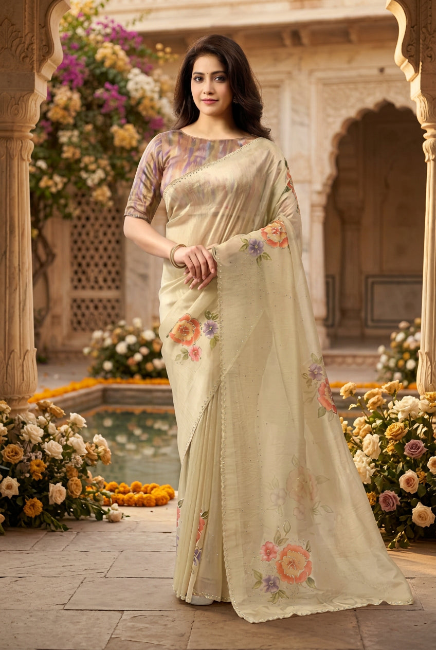Beige Organza Tissue Floral Print Saree Main image
