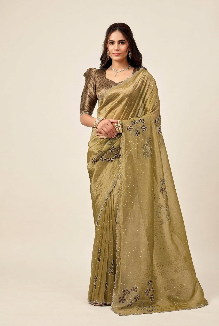 Olive Crush Tissue Satin Hand-Printed Saree Main image
