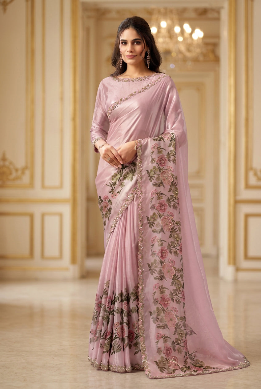 Lilac Pink Satin Saree With Cutdana Detailing
